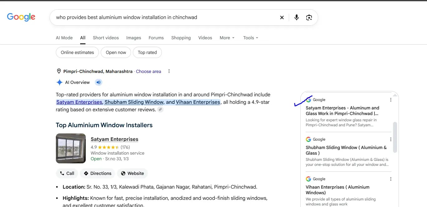 Google AI Overview for aluminium window installation in Chinchwad showing Satyam Enterprises among the mentioned providers