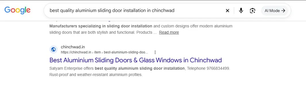 Google Search result showing the Chinchwad.in Satyam Enterprises aluminium sliding doors listing